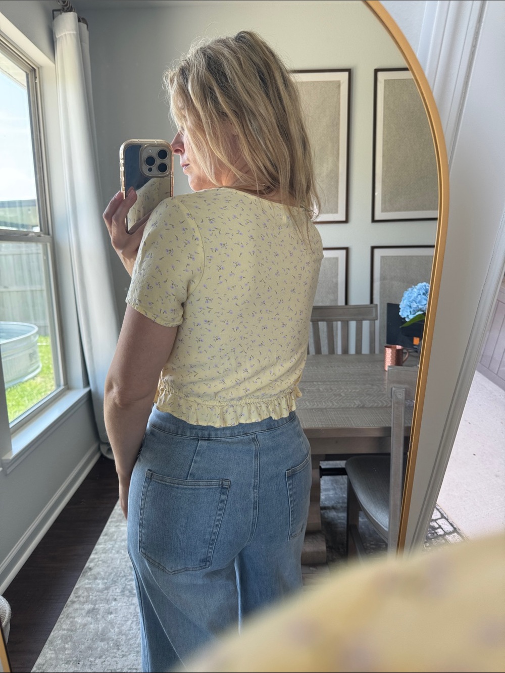 Ruched V-Neck Cropped Top in Light Butter Yellow with Subtle Tiny Purple Florals - Picture 10 of 14